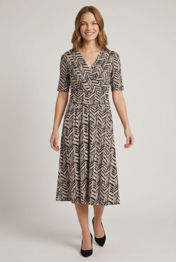Grey | Printed Faux Wrap Ruched Midi Dress