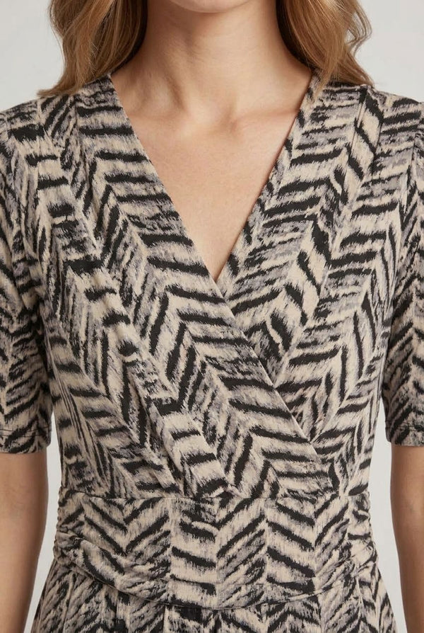 Grey | Printed Faux Wrap Ruched Midi Dress