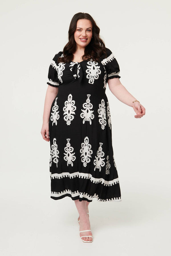 Black | Curve Printed Puff Sleeve Tie Midi Dress