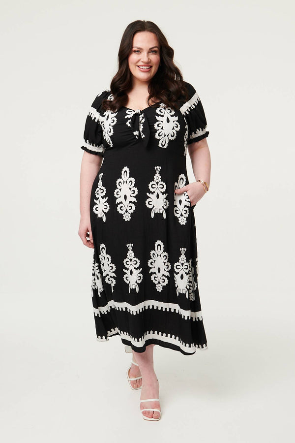 Black | Curve Printed Puff Sleeve Tie Midi Dress