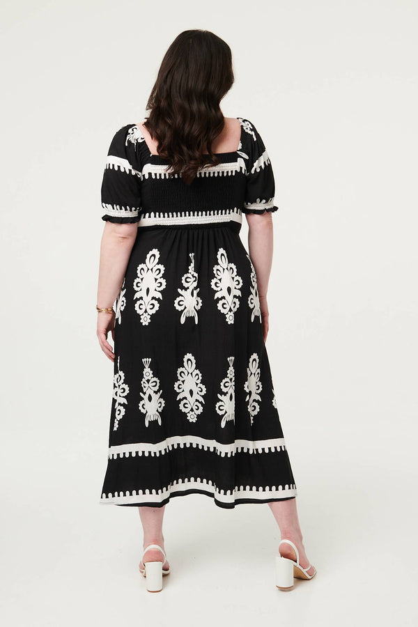 Black | Curve Printed Puff Sleeve Tie Midi Dress