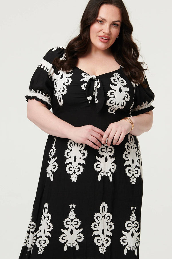 Black | Curve Printed Puff Sleeve Tie Midi Dress