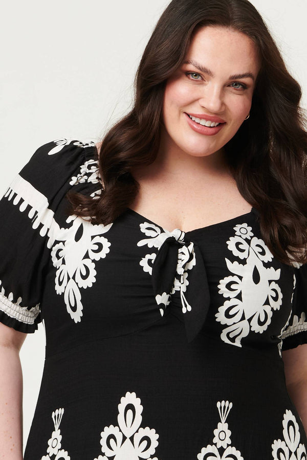Black | Curve Printed Puff Sleeve Tie Midi Dress