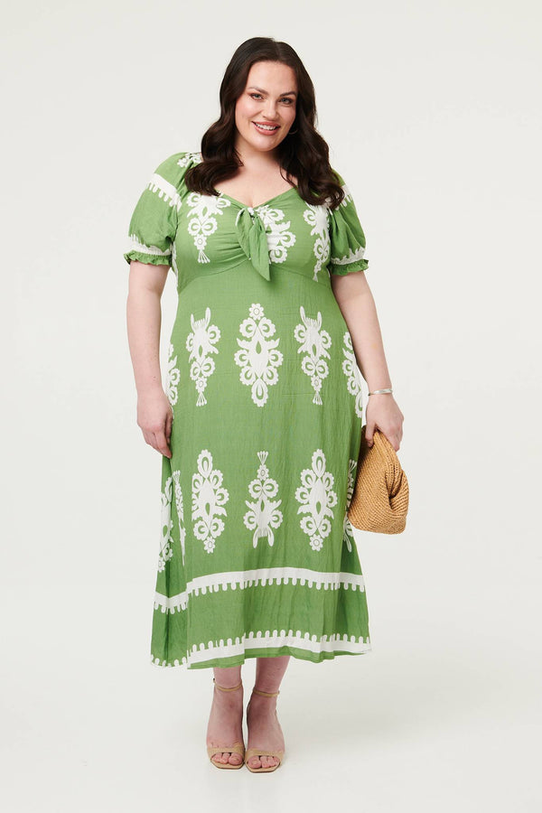 Green | Curve Printed Puff Sleeve Tie Midi Dress