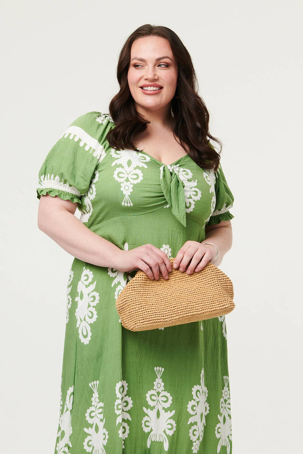Green | Curve Printed Puff Sleeve Tie Midi Dress