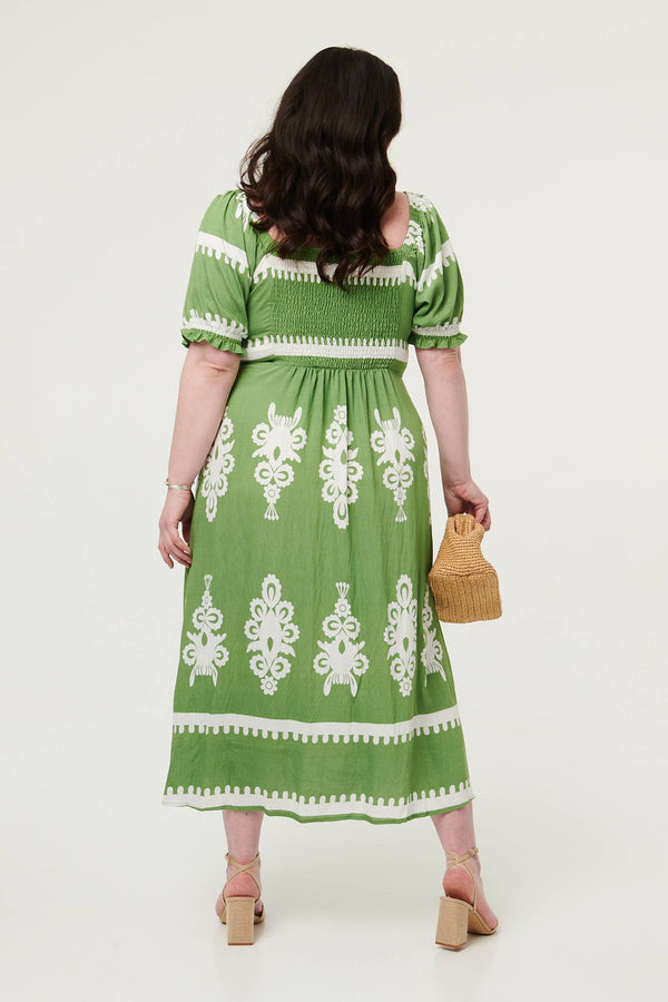 Green | Curve Printed Puff Sleeve Tie Midi Dress