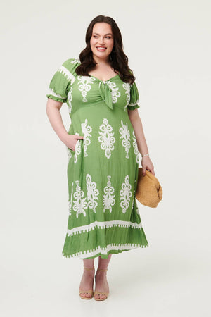 Green | Curve Printed Puff Sleeve Tie Midi Dress