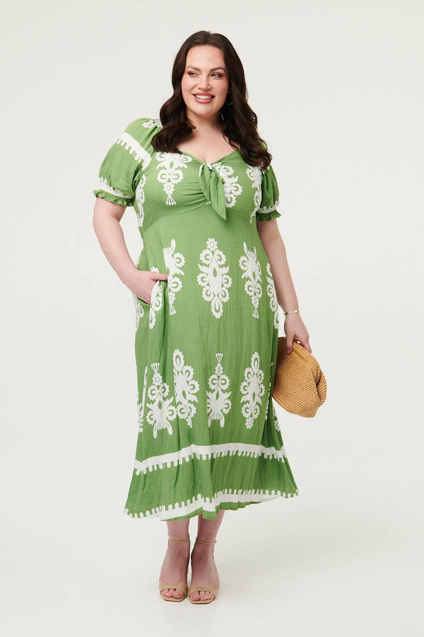 Green | Curve Printed Puff Sleeve Tie Midi Dress