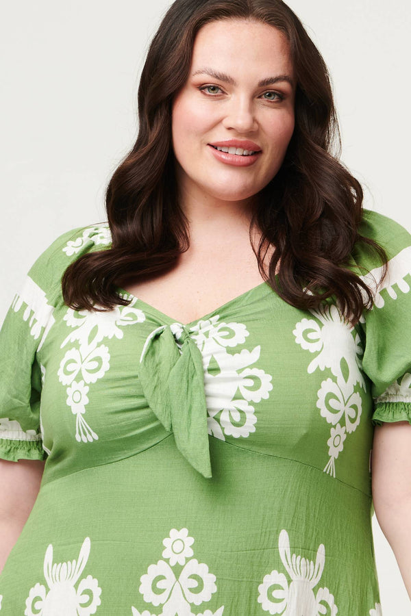 Green | Curve Printed Puff Sleeve Tie Midi Dress