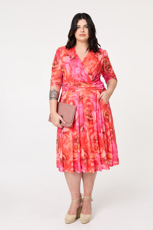 Orange | Curve Floral Mesh Midi Faux Wrap Dress