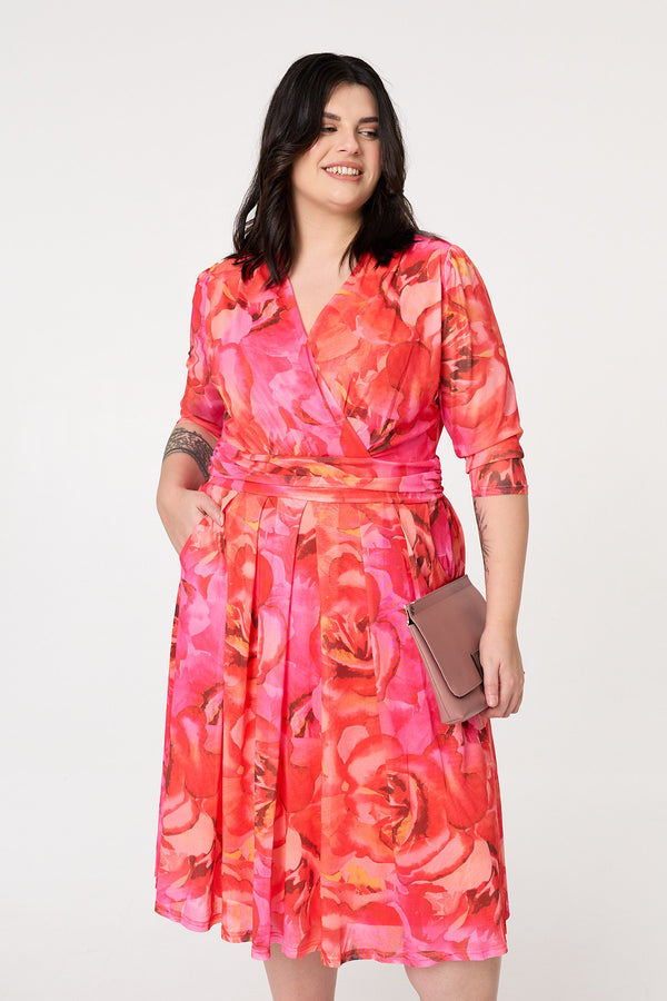 Orange | Curve Floral Mesh Midi Faux Wrap Dress