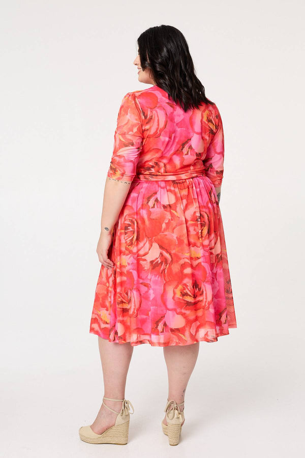 Orange | Curve Floral Mesh Midi Faux Wrap Dress