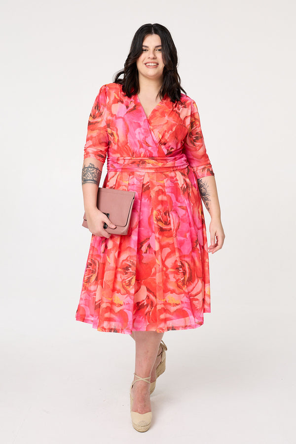 Orange | Curve Floral Mesh Midi Faux Wrap Dress
