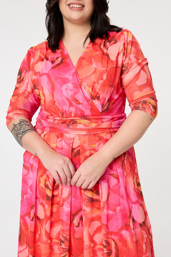 Orange | Curve Floral Mesh Midi Faux Wrap Dress