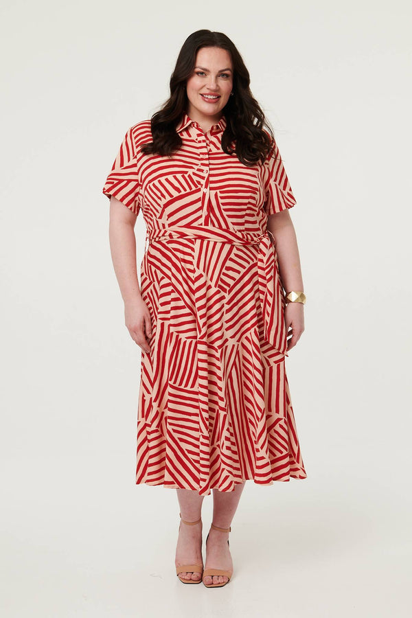 Red | Curve Striped Tie Waist Midi Shirt Dress