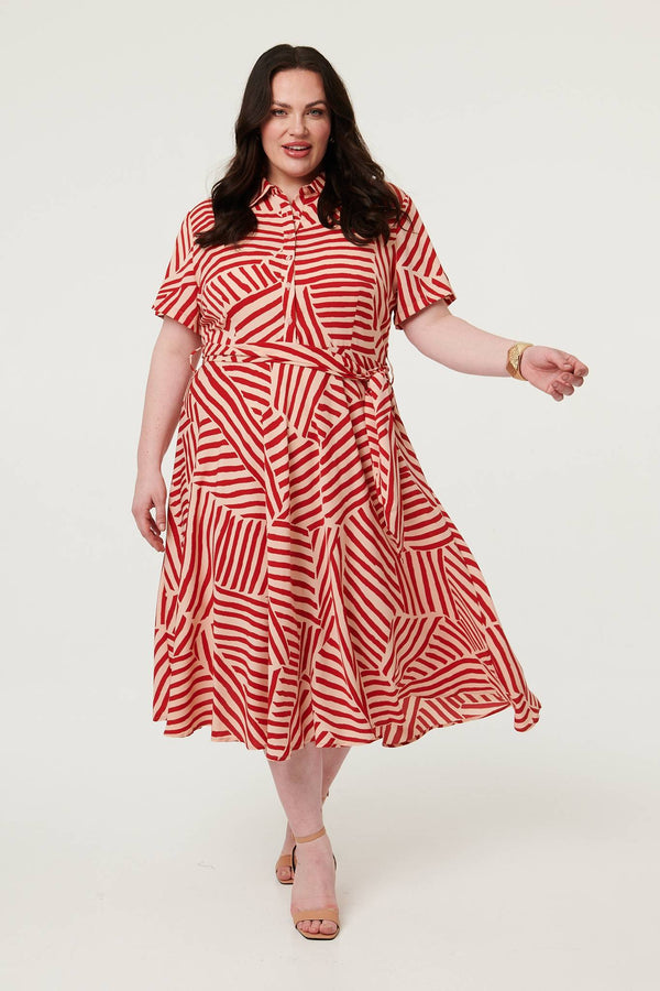 Red | Curve Striped Tie Waist Midi Shirt Dress