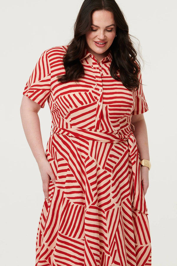 Red | Curve Striped Tie Waist Midi Shirt Dress