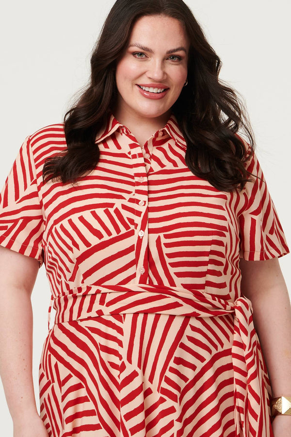 Red | Curve Striped Tie Waist Midi Shirt Dress
