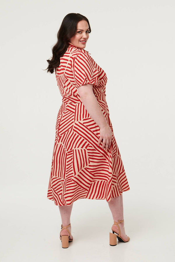 Red | Curve Striped Tie Waist Midi Shirt Dress