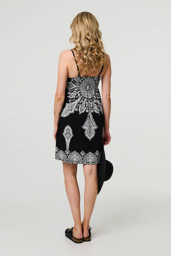 Black | Printed Cami Strap Short Sun Dress
