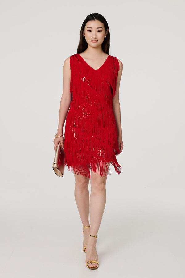 Red | Sequin Tassel Fringed Mini Dress
