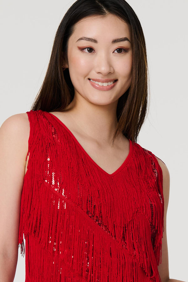 Red | Sequin Tassel Fringed Mini Dress
