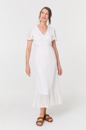 White | Lace Layered Short Sleeve Midi Dress
