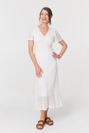 White | Lace Layered Short Sleeve Midi Dress
