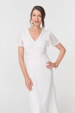 White | Lace Layered Short Sleeve Midi Dress
