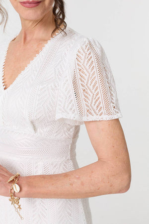 White | Lace Layered Short Sleeve Midi Dress
