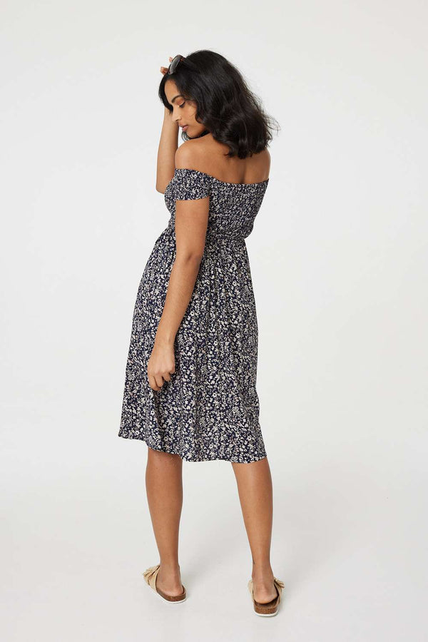 Navy | Ditsy Floral Off The Shoulder Dress