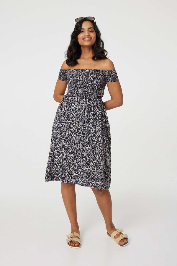 Navy | Ditsy Floral Off The Shoulder Dress