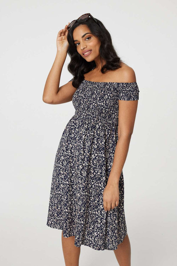 Navy | Ditsy Floral Off The Shoulder Dress