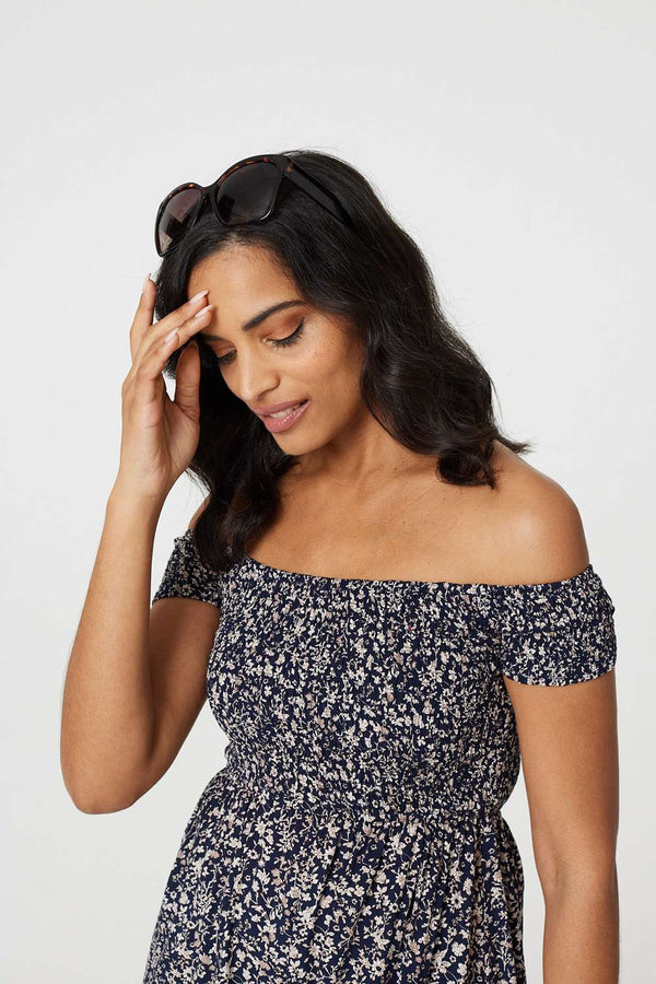 Navy | Ditsy Floral Off The Shoulder Dress