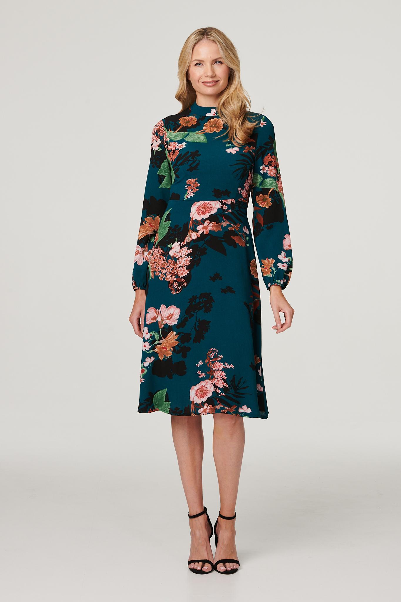 Teal | Floral High Neck Midi Dress : Model is 5'10"/178 cm and wears UK10/EU38/US6/AUS10