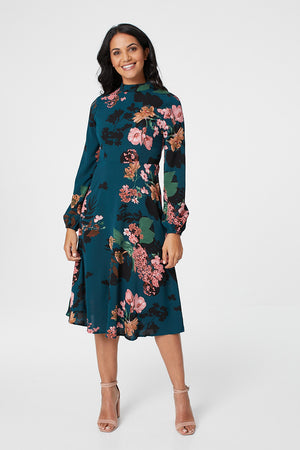 Teal | Floral High Neck Midi Dress : Model is 5'7"/170 cm and wears UK8/EU36/US4/AUS8