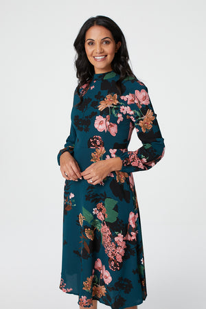 Teal | Floral High Neck Midi Dress