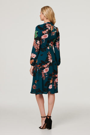 Teal | Floral High Neck Midi Dress