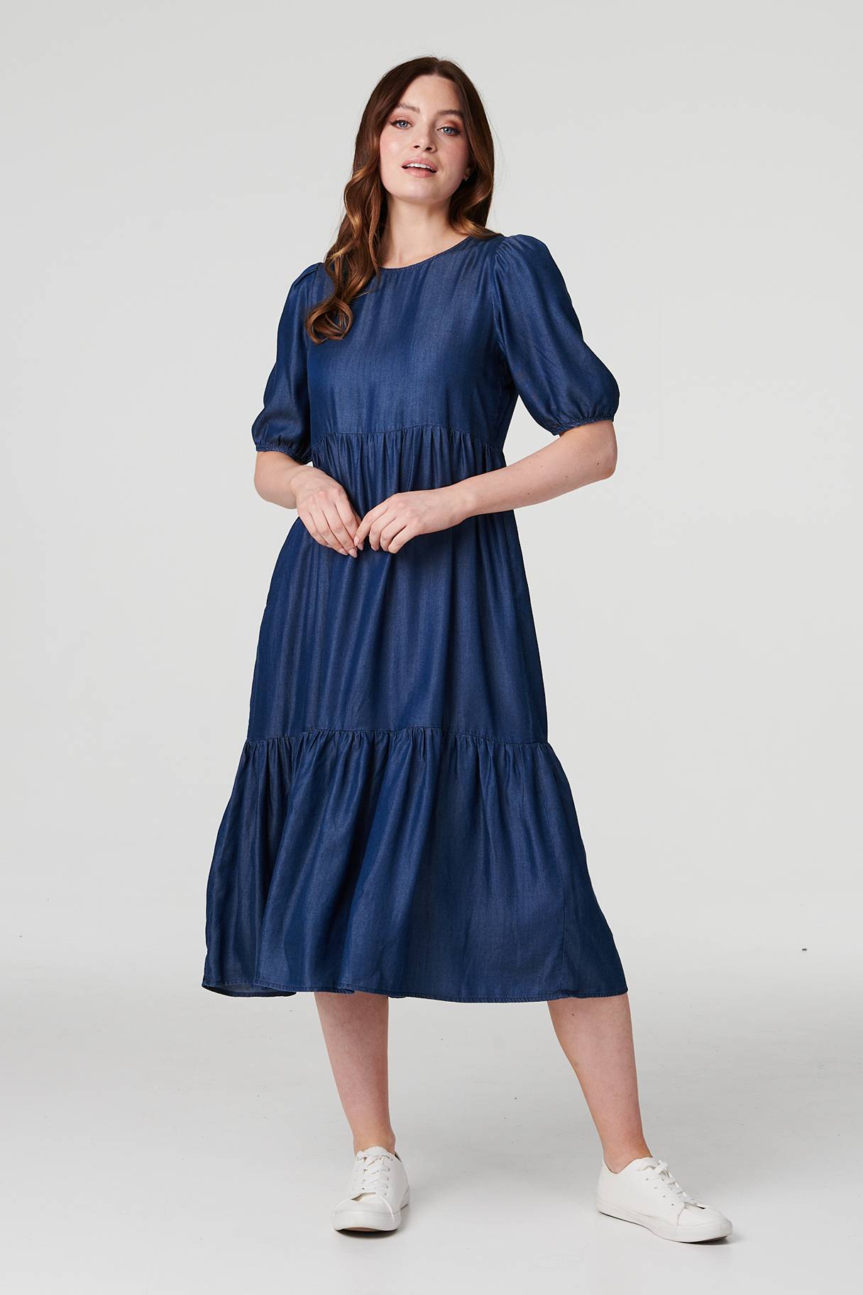 Blue | Tiered 1/2 Puff Sleeve Midi Dress