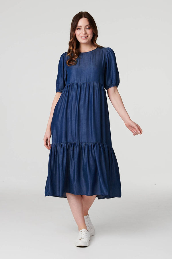 Blue | Tiered 1/2 Puff Sleeve Midi Dress