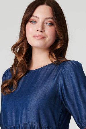 Blue | Tiered 1/2 Puff Sleeve Midi Dress