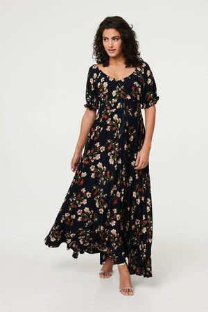 Navy | Floral Bardot Shirred Empire Maxi Dress
