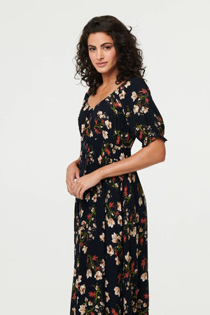 Navy | Floral Bardot Shirred Empire Maxi Dress
