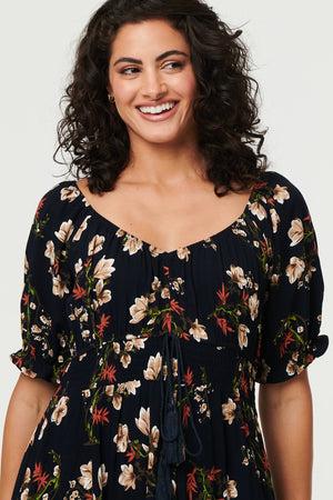 Navy | Floral Bardot Shirred Empire Maxi Dress
