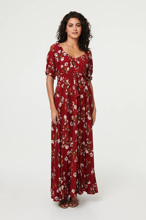 Red | Floral Bardot Shirred Empire Maxi Dress
