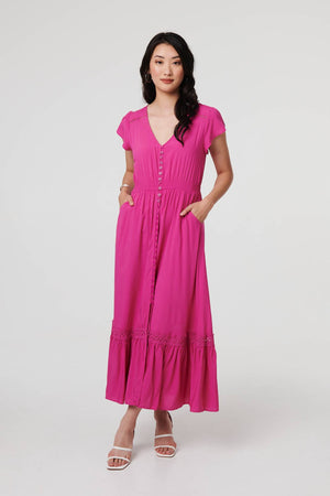Fuchsia | Button Front Maxi Dress with Pockets : Model is 5'9