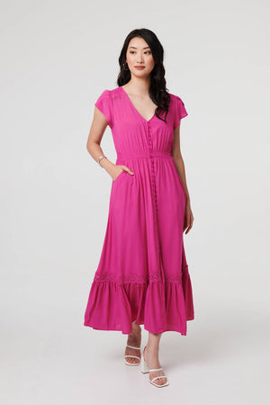 Fuchsia | Button Front Maxi Dress with Pockets