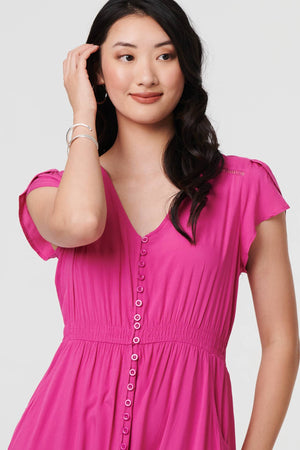 Fuchsia | Button Front Maxi Dress with Pockets