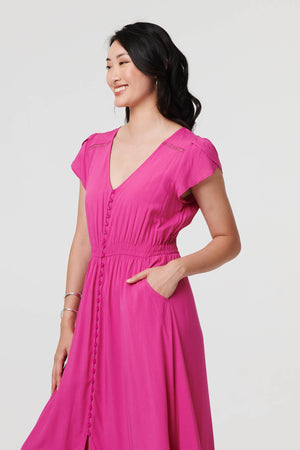 Fuchsia | Button Front Maxi Dress with Pockets