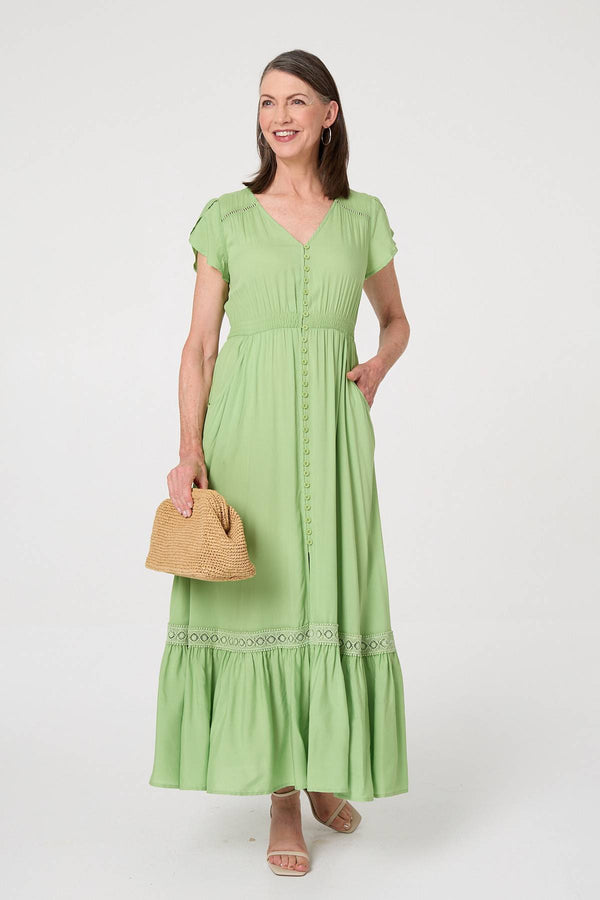 Khaki | Button Front Maxi Dress with Pockets